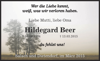 Traueranzeige von Hildegard Beer von Super Sonntag Zeitz