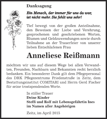 Traueranzeige von Anneliese Reißmann von Super Sonntag Zeitz