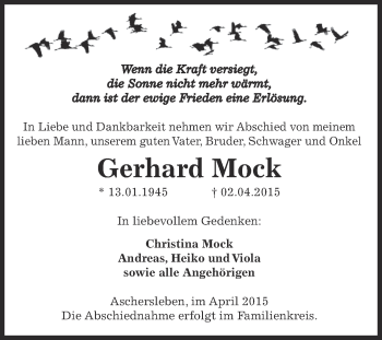 Traueranzeige von Gerhard Mock von Super Sonntag Aschersleben