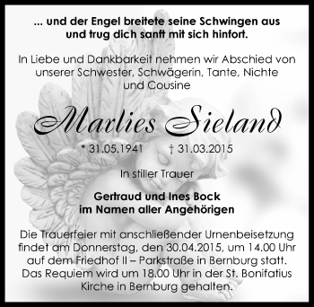 Traueranzeige von Marlies Sieland von Mitteldeutsche Zeitung Bernburg