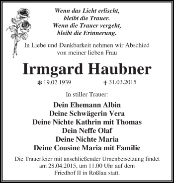 Traueranzeige von Irmgard Haubner von WVG - Wochenspiegel Dessau / Köthen