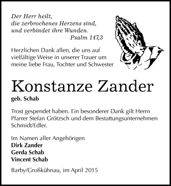 Traueranzeige von Konstanze Zander von Mitteldeutsche Zeitung Dessau-Roßlau