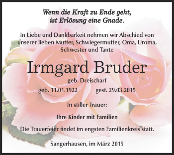 Traueranzeige von Irmgard Bruder von Super Sonntag SGH Mansf. Land