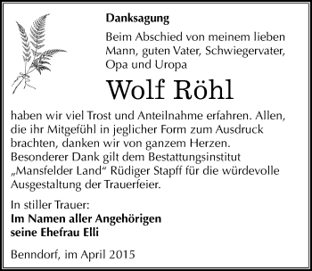 Traueranzeige von Wolf Röhl von Mitteldeutsche Zeitung Mansfelder Land