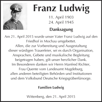 Traueranzeige von Franz Ludwig von Super Sonntag Wittenberg