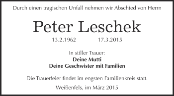 Traueranzeige von Peter Leschek von WVG - Wochenspiegel NMB / WSF / ZTZ