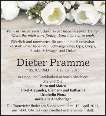 Traueranzeige von Dieter Pramme von Mitteldeutsche Zeitung Quedlinburg