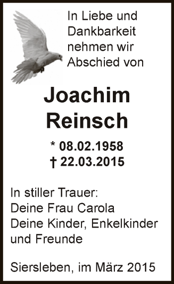 Traueranzeige von Joachim Reinsch von Wochenspiegel Mansfelder Land