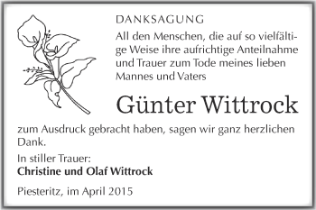 Traueranzeige von Günter Wittrock von Super Sonntag Wittenberg