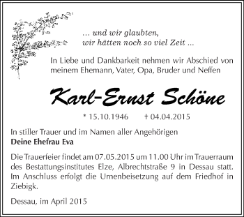 Traueranzeige von Karl-Ernst Schöne von WVG - Wochenspiegel Dessau / Köthen