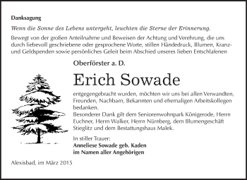 Traueranzeige von Erich Sowade von WVG - Wochenspiegel Quedlinburg