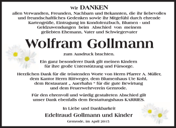 Traueranzeige von Wolfram Gollmann von WVG - Wochenspiegel Quedlinburg
