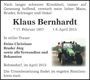 Traueranzeige von Klaus Bernhardt von Super Sonntag Zeitz