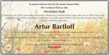 Traueranzeige von Artur Bartloff von Super Sonntag Wittenberg