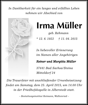 Traueranzeige von Irma Müller von Mitteldeutsche Zeitung Merseburg/Querfurt