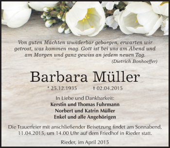 Traueranzeige von Barbara Müller von Mitteldeutsche Zeitung Quedlinburg