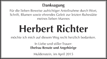 Traueranzeige von Herbert Richter von WVG - Wochenspiegel Bitterfeld