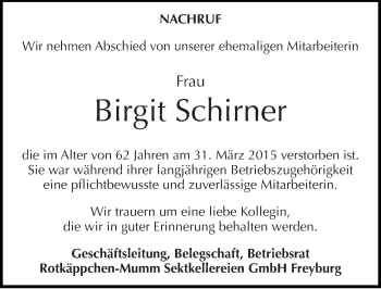 Traueranzeige von Birgit Schirner von Mitteldeutsche Zeitung Naumburg/Nebra