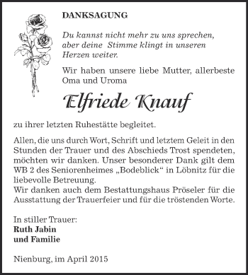 Traueranzeige von Elfriede Knauf von Super Sonntag Bernburg