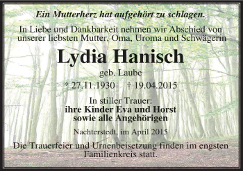 Traueranzeige von Lydia Hanisch von Mitteldeutsche Zeitung Aschersleben