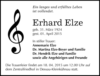 Traueranzeige von Erhard Elze von Mitteldeutsche Zeitung Dessau-Roßlau
