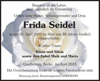 Traueranzeige von Frida Seidel von Mitteldeutsche Zeitung Quedlinburg