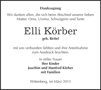 Traueranzeige von Elli Körber von WVG - Wochenspiegel Wittenberg