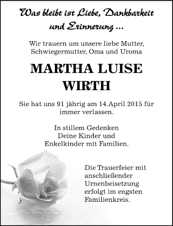 Traueranzeige von Martha Luise Wirth von Mitteldeutsche Zeitung Bernburg