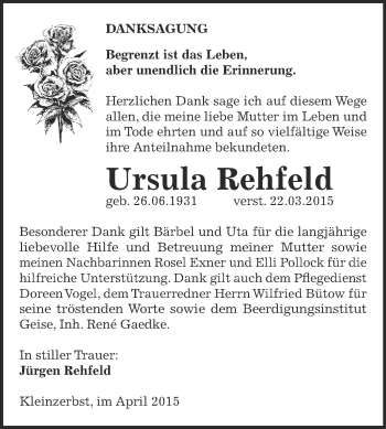 Traueranzeige von Ursula Rehfeld von WVG - Wochenspiegel Dessau / Köthen