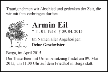 Traueranzeige von Armin Eil von Super Sonntag SGH Mansf. Land