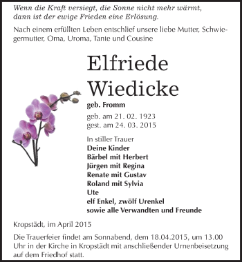 Traueranzeige von Elfriede Wiedicke von Mitteldeutsche Zeitung Wittenberg