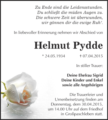 Traueranzeige von Helmut Pydde von WVG - Wochenspiegel Dessau / Köthen