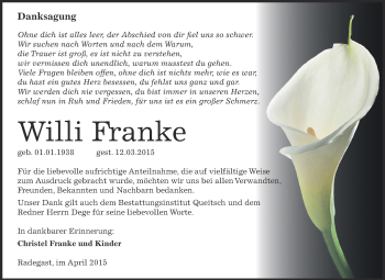 Traueranzeige von Willi Franke von WVG - Wochenspiegel Dessau / Köthen