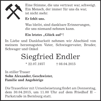 Traueranzeige von Siegfried Endler von Super Sonntag Bernburg