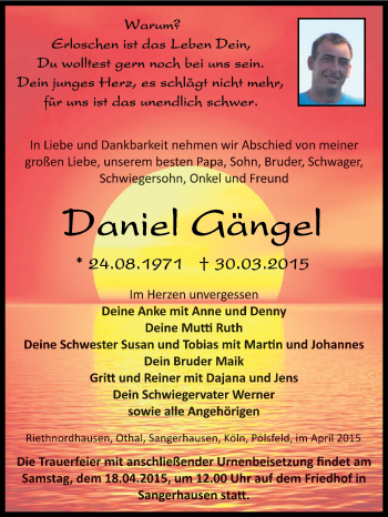 Traueranzeige von Daniel Gängel von Super Sonntag SGH Mansf. Land