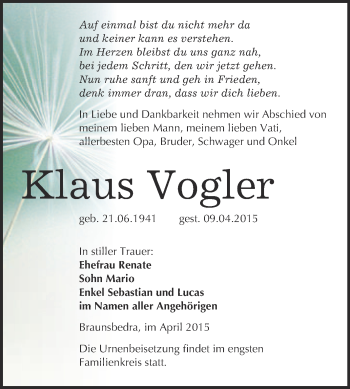 Traueranzeige von Klaus Vogler von WVG - Wochenspiegel Merseburg