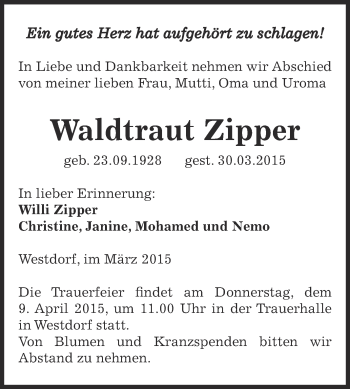 Traueranzeige von Waldtraut Zipper von Super Sonntag Aschersleben