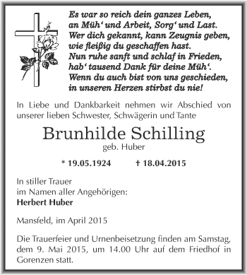 Traueranzeige von Brunhilde Schilling von Wochenspiegel Mansfelder Land