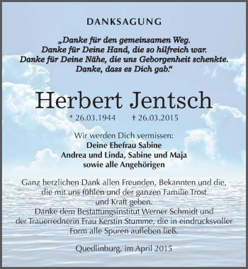 Traueranzeige von Herbert Jentsch von Mitteldeutsche Zeitung Quedlinburg
