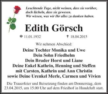 Traueranzeige von Edith Görsch von Mitteldeutsche Zeitung Wittenberg