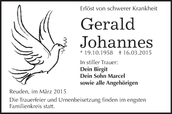 Traueranzeige von Gerald Johannes von WVG - Wochenspiegel Wittenberg