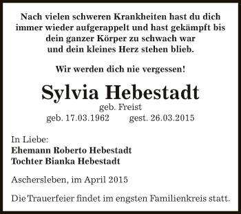 Traueranzeige von Sylvia Hebestadt von Super Sonntag Aschersleben