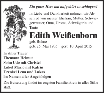 Traueranzeige von Edith Weißenborn von Super Sonntag Bernburg