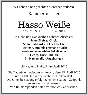 Traueranzeige von Hasso Weiße von Mitteldeutsche Zeitung Halle/Saalkreis