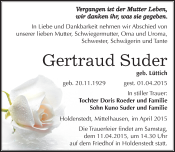 Traueranzeige von Gertraud Suder von Mitteldeutsche Zeitung Sangerhausen