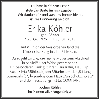 Traueranzeige von Erika Köhler von Super Sonntag Zeitz