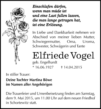 Traueranzeige von Elfriede Vogel von Mitteldeutsche Zeitung Köthen