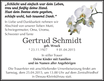 Traueranzeige von Gertrud Schmidt von WVG - Wochenspiegel Dessau / Köthen