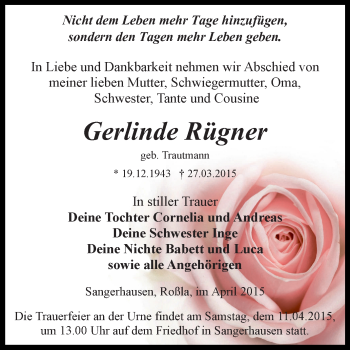 Traueranzeige von Gerlinde Rügner von WVG - Wochenspiegel SGH