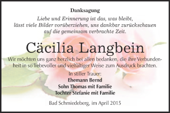 Traueranzeige von Cäcilia Langbein von WVG - Wochenspiegel Wittenberg